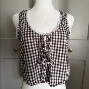 Aerie Gingham Tie Front Tank Top XS Brown Lace Trim